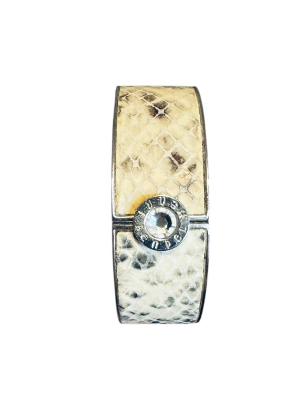 Henri Bendel Silver Toned Python Leather & Enamel Bangle with Crystal Medallion - Picture 2 of 4